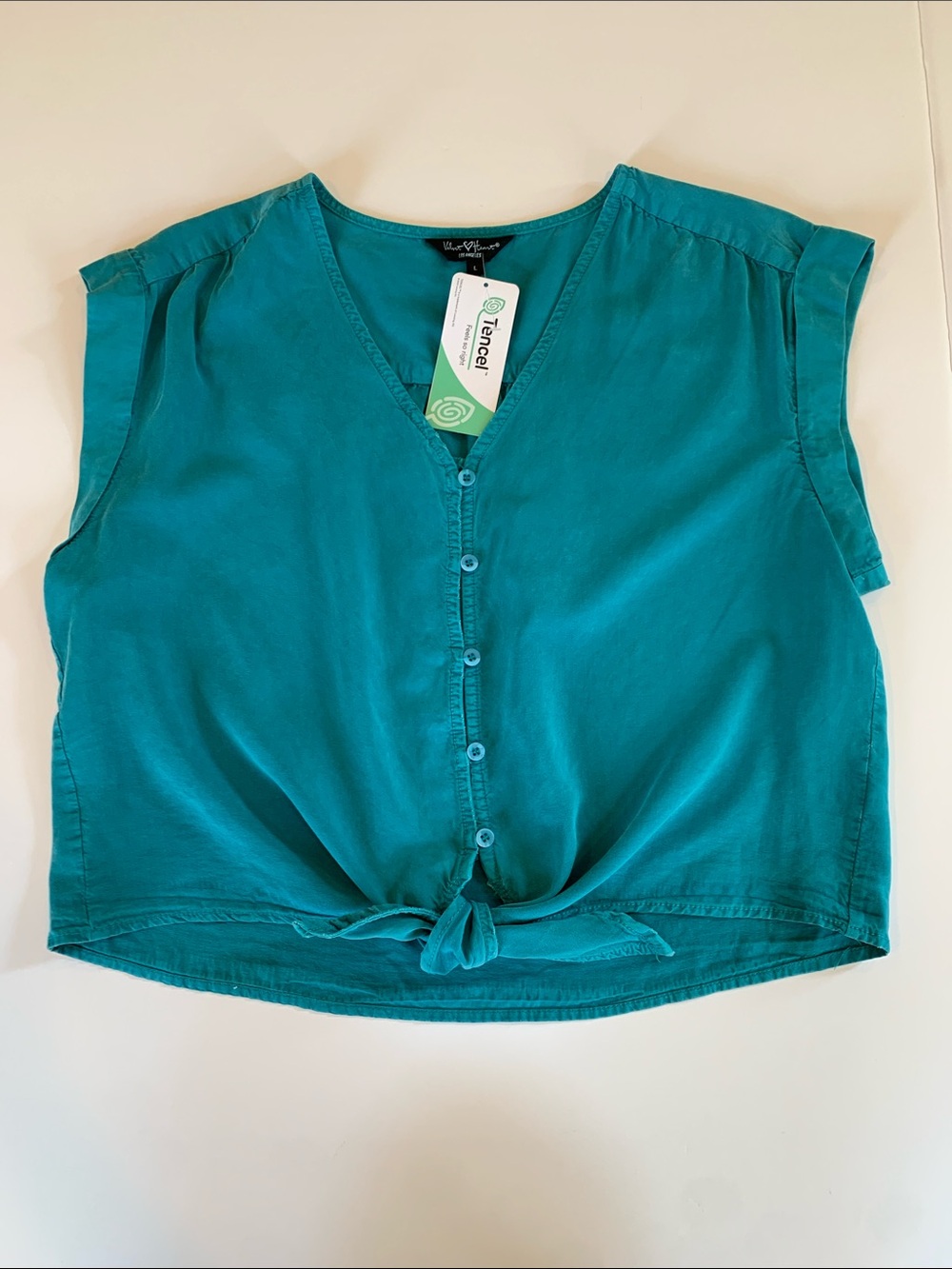 NEW Velvet Heart Womens Size L Teal Tencel Tie Front Button Up Short Sleeve Top